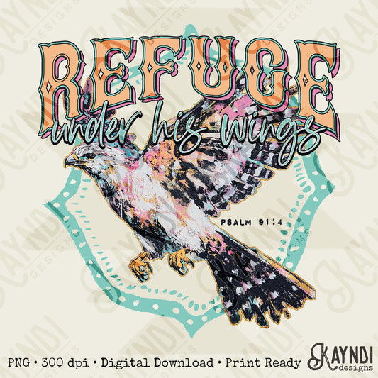 Refuge Under His Wings Sublimation Design PNG Digital Download Printable Faith Hawk Vintage