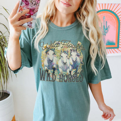 Wild Flowers Wild Horses Sublimation Design PNG Digital Download Printable Western Gold Floral