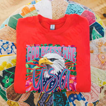 God Bless the USA 2 Sublimation Design PNG Digital Download Printable Patriotic Eagle Floral Pink