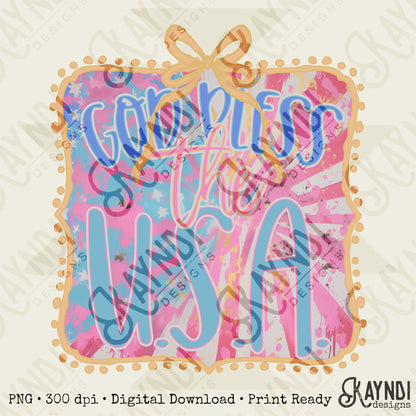 God Bless the USA Sublimation Design PNG Digital Download Printable Patriotic Vintage Bow
