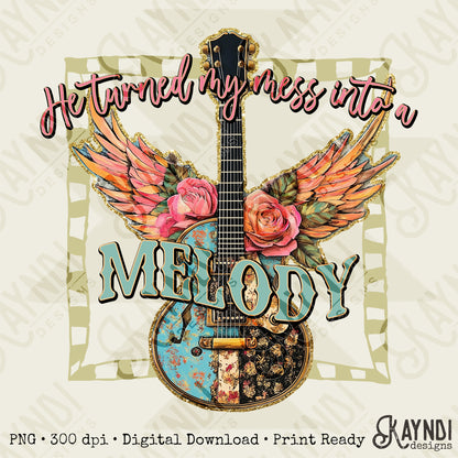 Mess into a Melody Sublimation Design PNG Digital Download Printable Music Guitar Flowers Wings