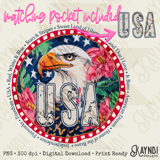 USA Eagle Matching Pocket Sublimation Design PNG Digital Download Printable Pocket Patriotic Flowers