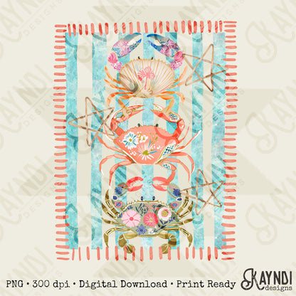 Crabs PNG Digital Download Sublimation DTF Print Striped Preppy Beach