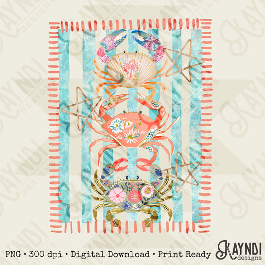 Crabs PNG Digital Download Sublimation DTF Print Striped Preppy Beach
