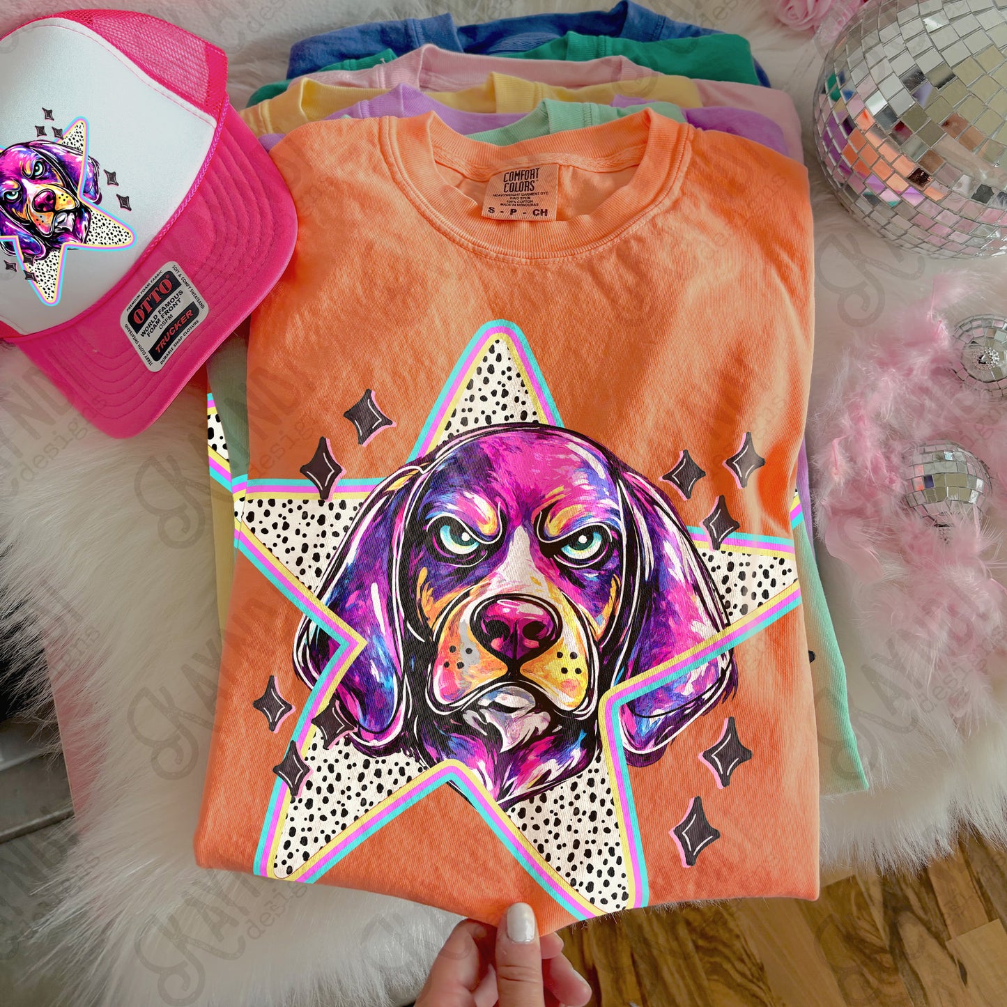 Doodle Star Coon Dog PNG Digital Download Sublimation DTF Print Polka Dots Mascots Stars