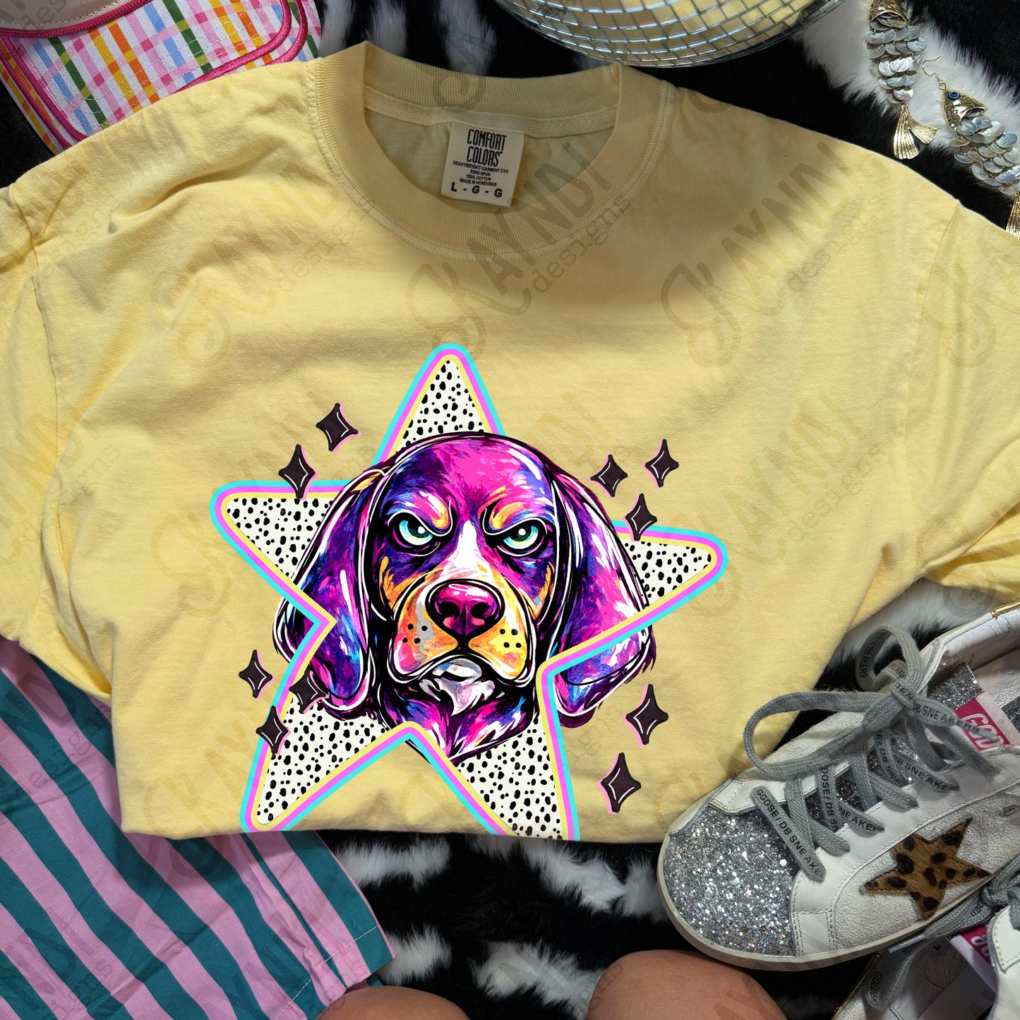 Doodle Star Coon Dog PNG Digital Download Sublimation DTF Print Polka Dots Mascots Stars