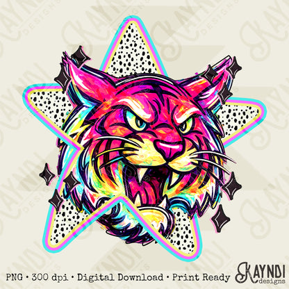 Doodle Star Tiger PNG Digital Download Sublimation DTF Print Polka Dots Mascots Stars