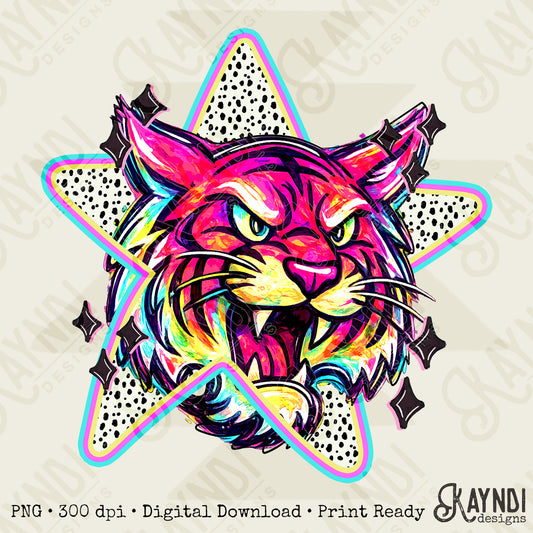 Doodle Star Tiger PNG Digital Download Sublimation DTF Print Polka Dots Mascots Stars
