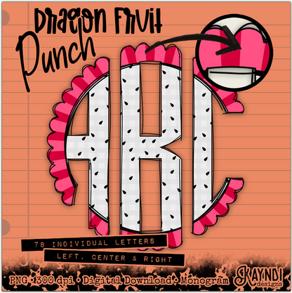 Dragon Fruit Punch Doodle Monogram Set Sublimation Design PNG Digital Download Printable