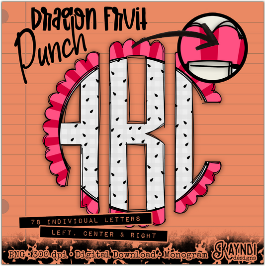 Dragon Fruit Punch Doodle Monogram Set Sublimation Design PNG Digital Download Printable