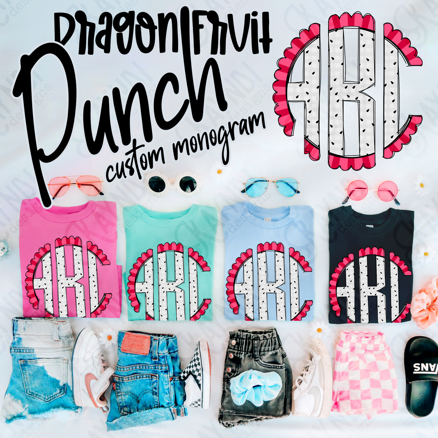Dragon Fruit Punch Doodle Monogram Set Sublimation Design PNG Digital Download Printable