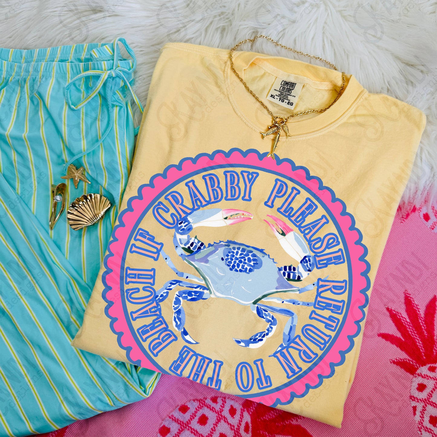 If Crabby Please Return to the Beach PNG Digital Download Sublimation DTF Print Preppy Blue Scalloped Beachy