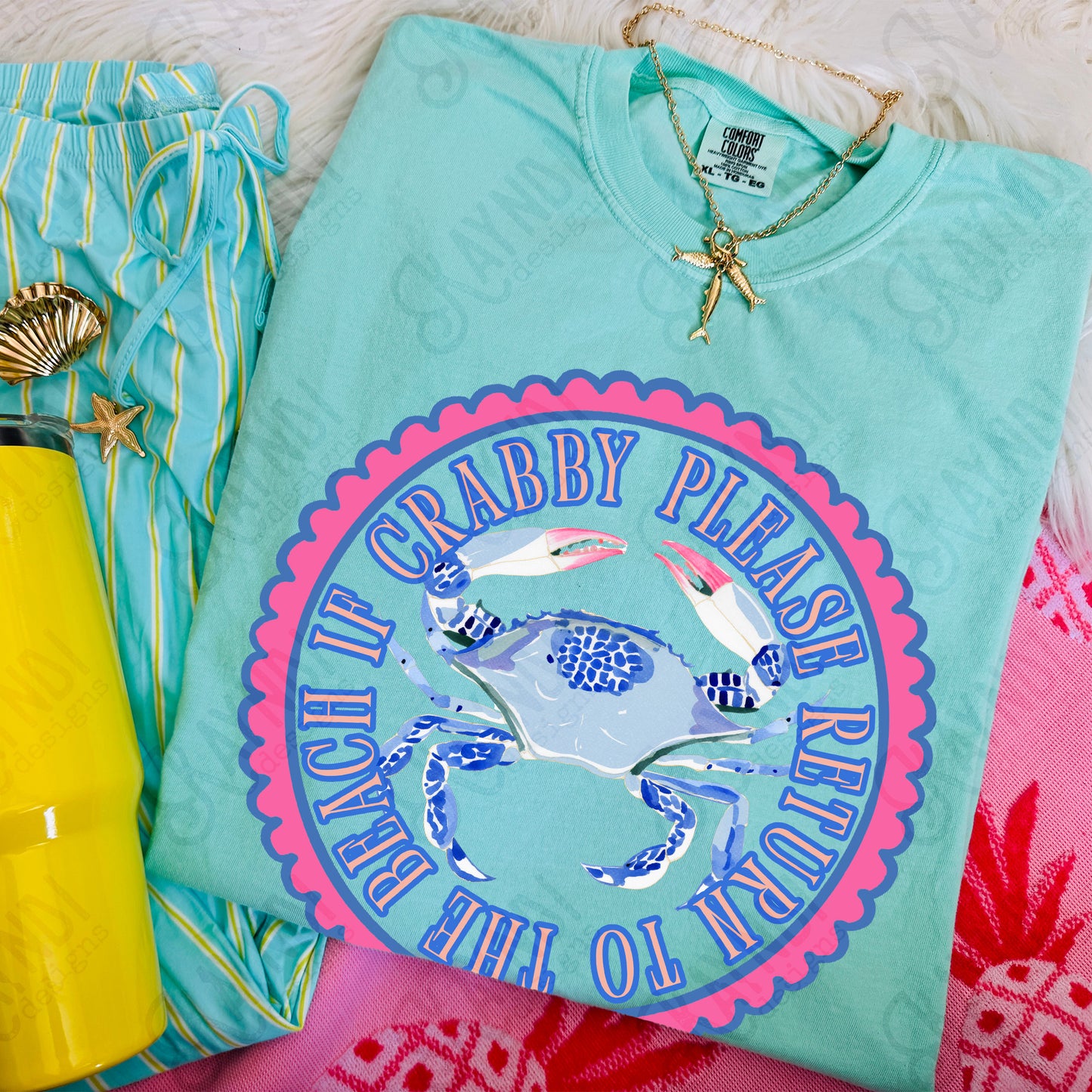 If Crabby Please Return to the Beach PNG Digital Download Sublimation DTF Print Preppy Blue Scalloped Beachy