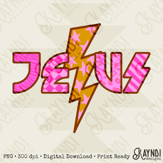 Jesus Bolt PNG Digital Download Sublimation DTF Print Lightning Pink Checker Neon Faith