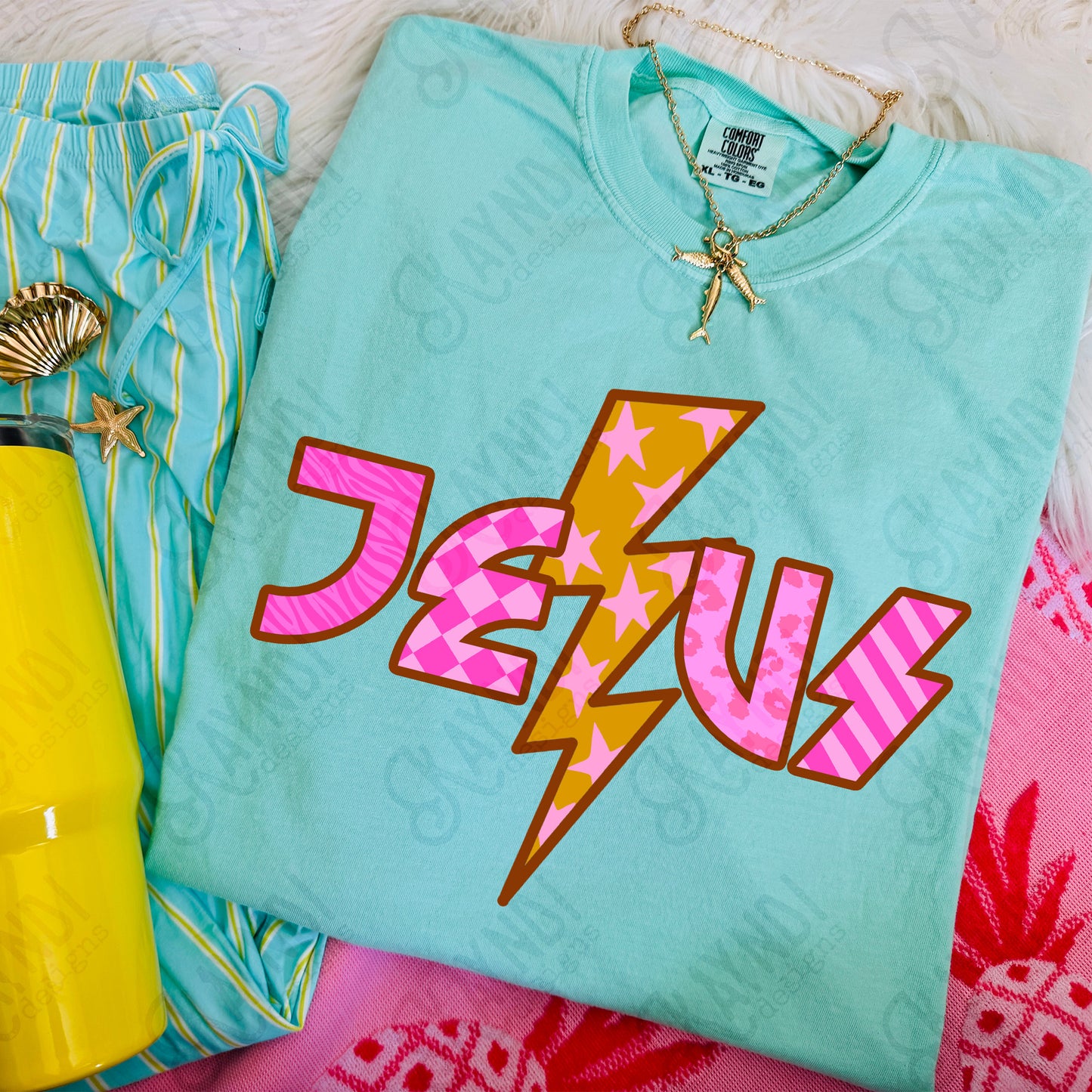 Jesus Bolt PNG Digital Download Sublimation DTF Print Lightning Pink Checker Neon Faith