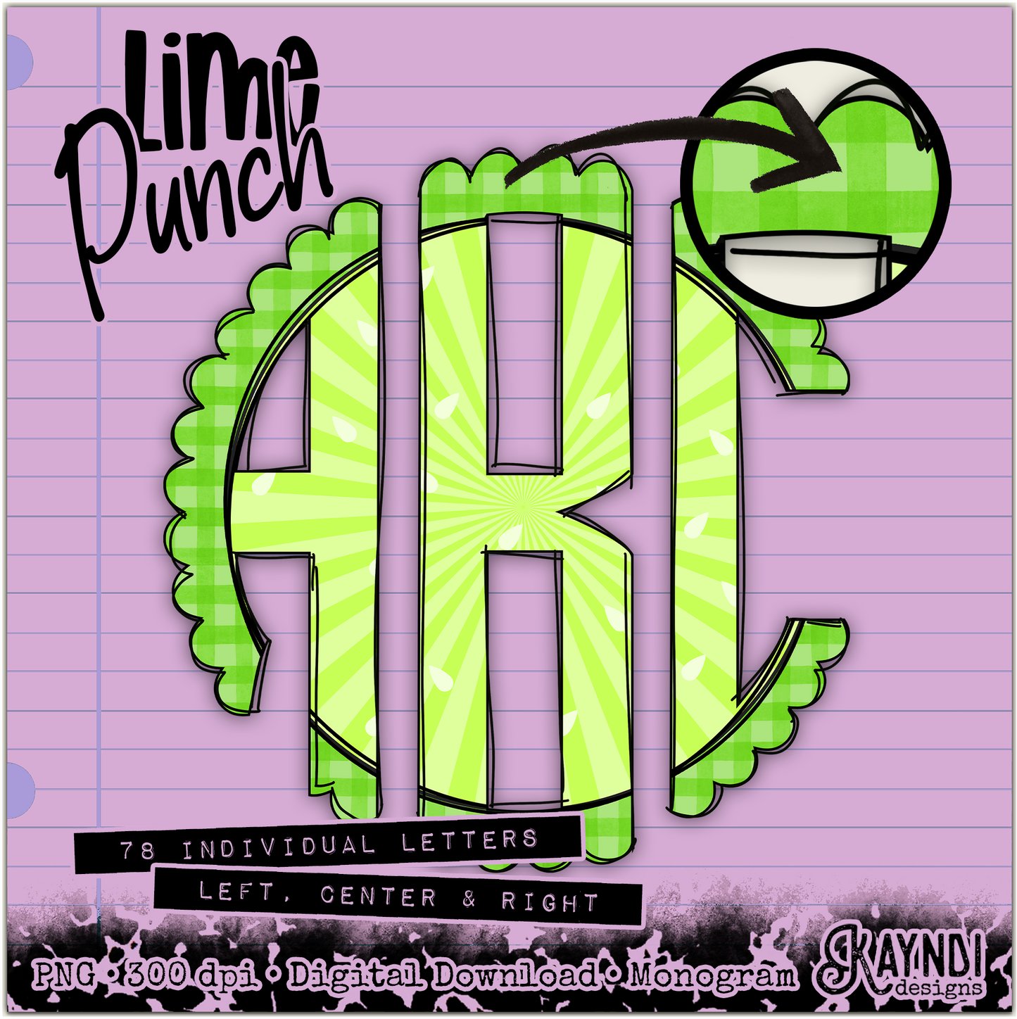 Lime Punch Doodle Monogram Set Sublimation Design PNG Digital Download Printable