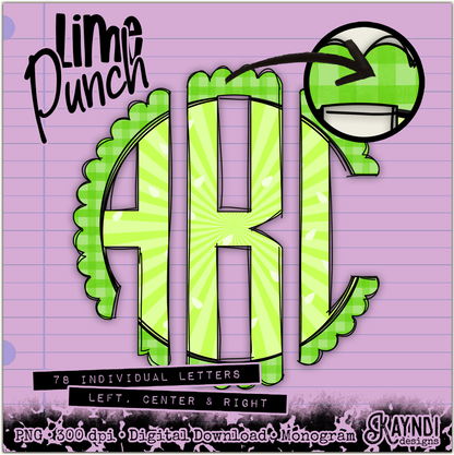 Lime Punch Doodle Monogram Set Sublimation Design PNG Digital Download Printable
