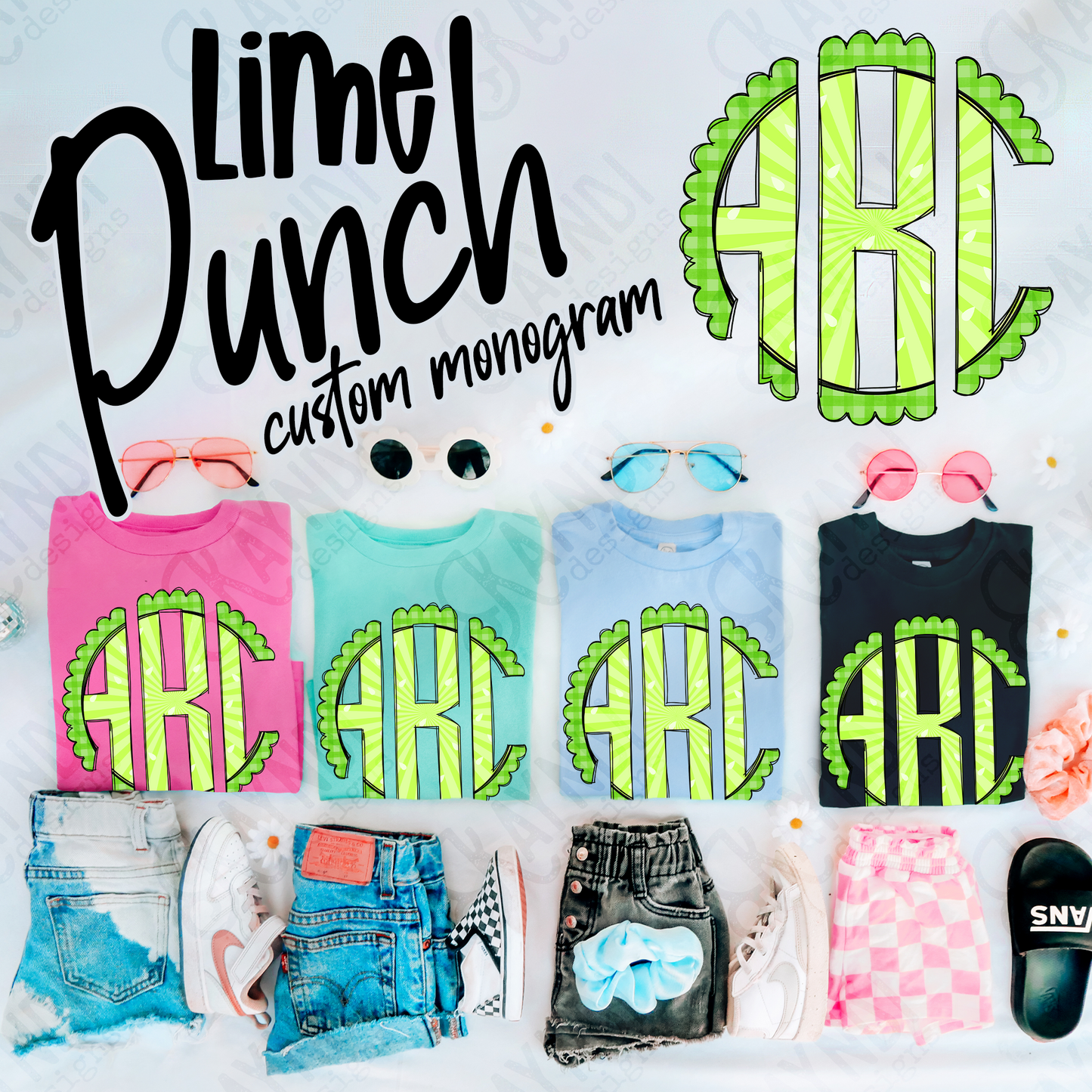 Lime Punch Doodle Monogram Set Sublimation Design PNG Digital Download Printable