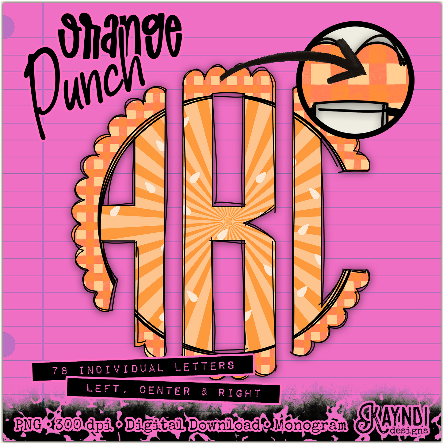 Orange Punch Doodle Monogram Set Sublimation Design PNG Digital Download Printable