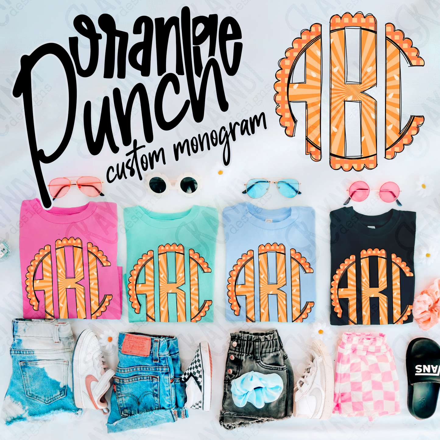 Orange Punch Doodle Monogram Set Sublimation Design PNG Digital Download Printable