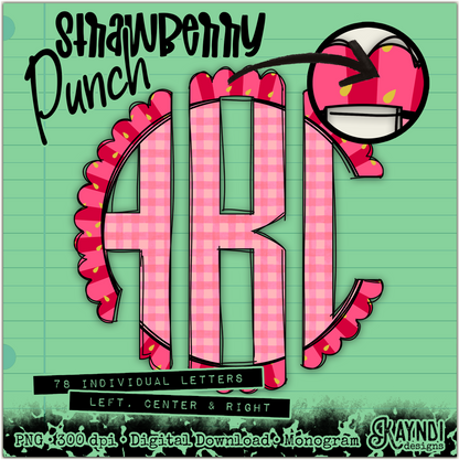 Strawberry Punch Doodle Monogram Set Sublimation Design PNG Digital Download Printable