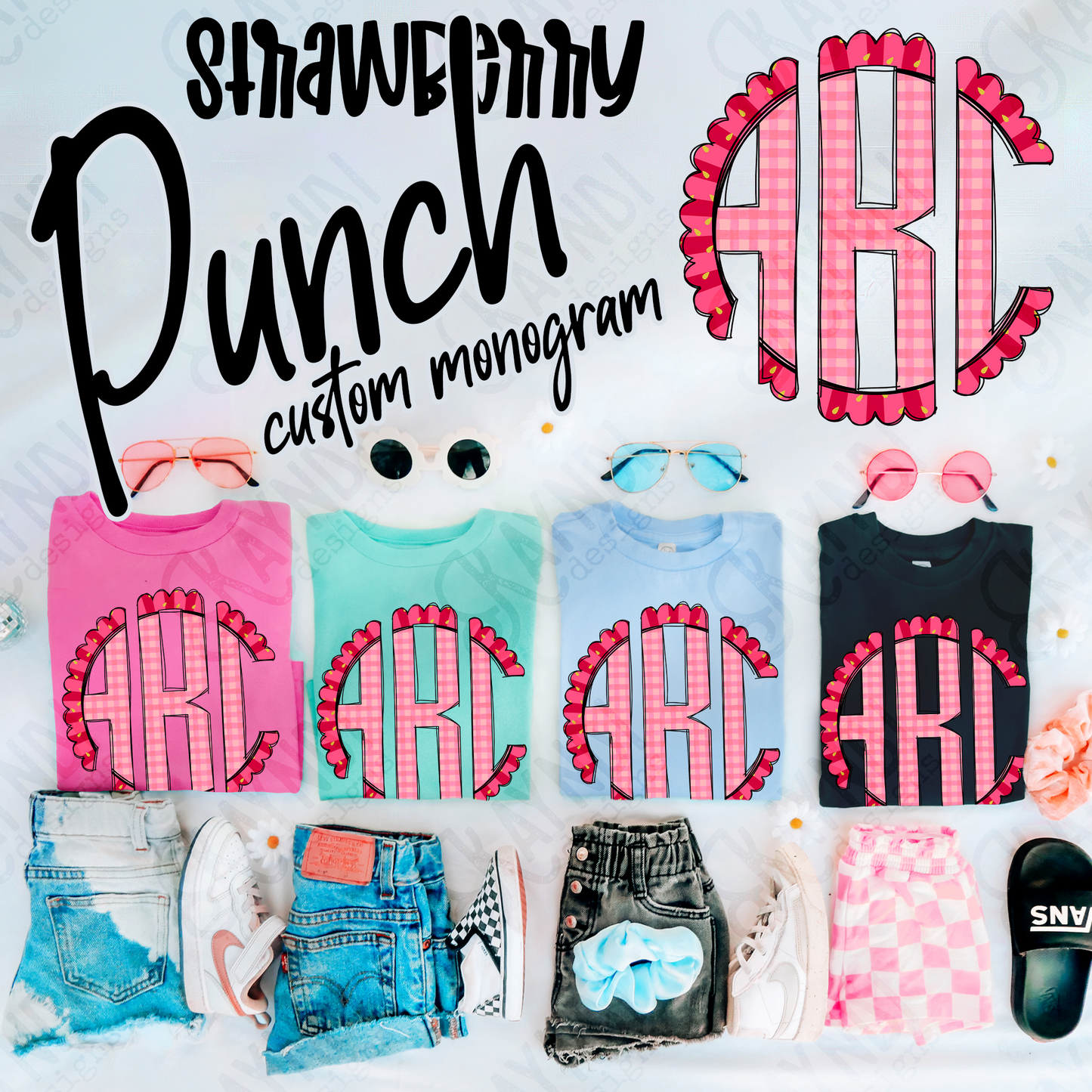 Strawberry Punch Doodle Monogram Set Sublimation Design PNG Digital Download Printable