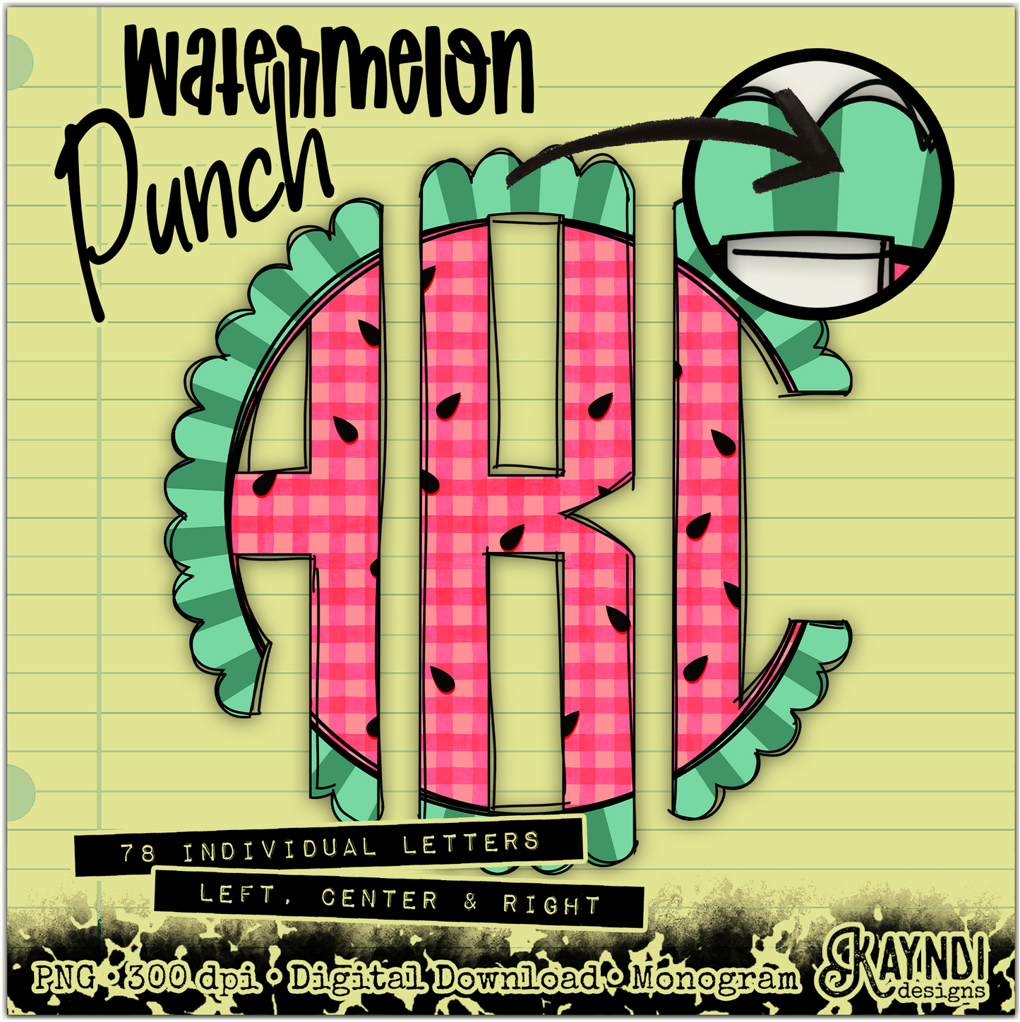 Watermelon Punch Doodle Monogram Set Sublimation Design PNG Digital Download Printable