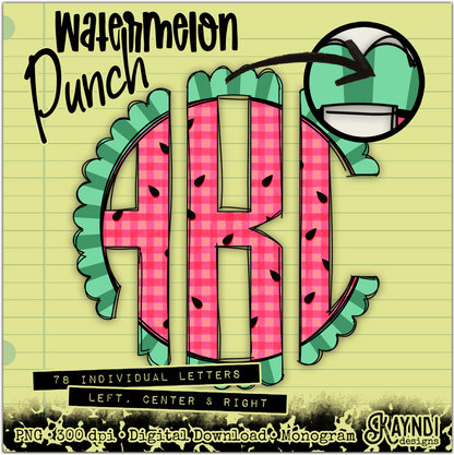 Watermelon Punch Doodle Monogram Set Sublimation Design PNG Digital Download Printable