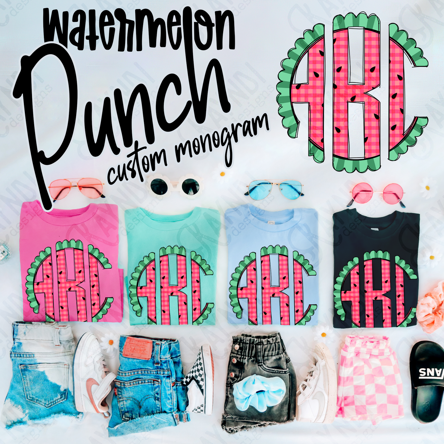 Watermelon Punch Doodle Monogram Set Sublimation Design PNG Digital Download Printable