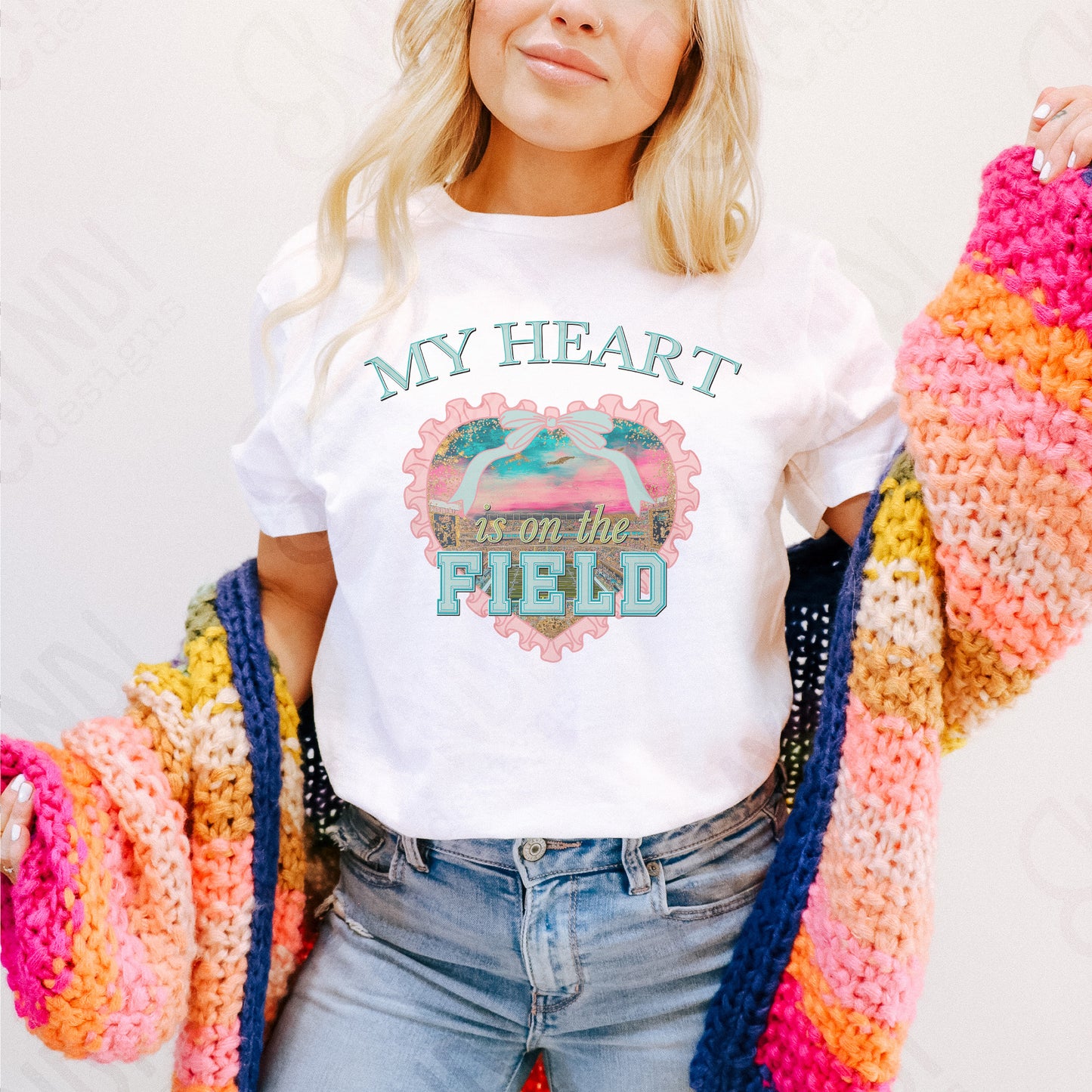 My Heart is on the Field Sublimation Design PNG Digital Download Printable Sports Bows Preppy