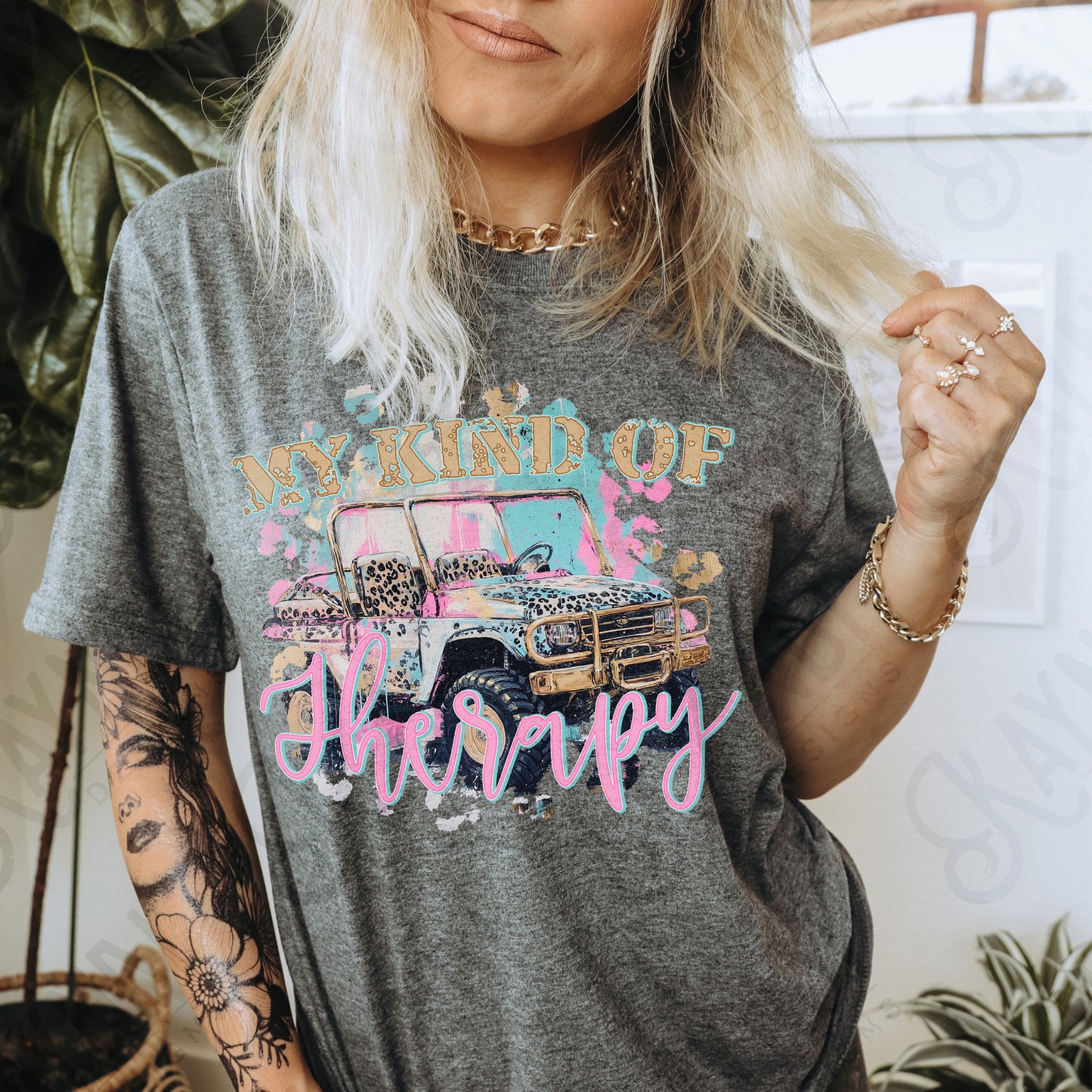 My Kind of Therapy Sublimation Design PNG Digital Download Printable Cheetah 4x4 Watercolor Jeep