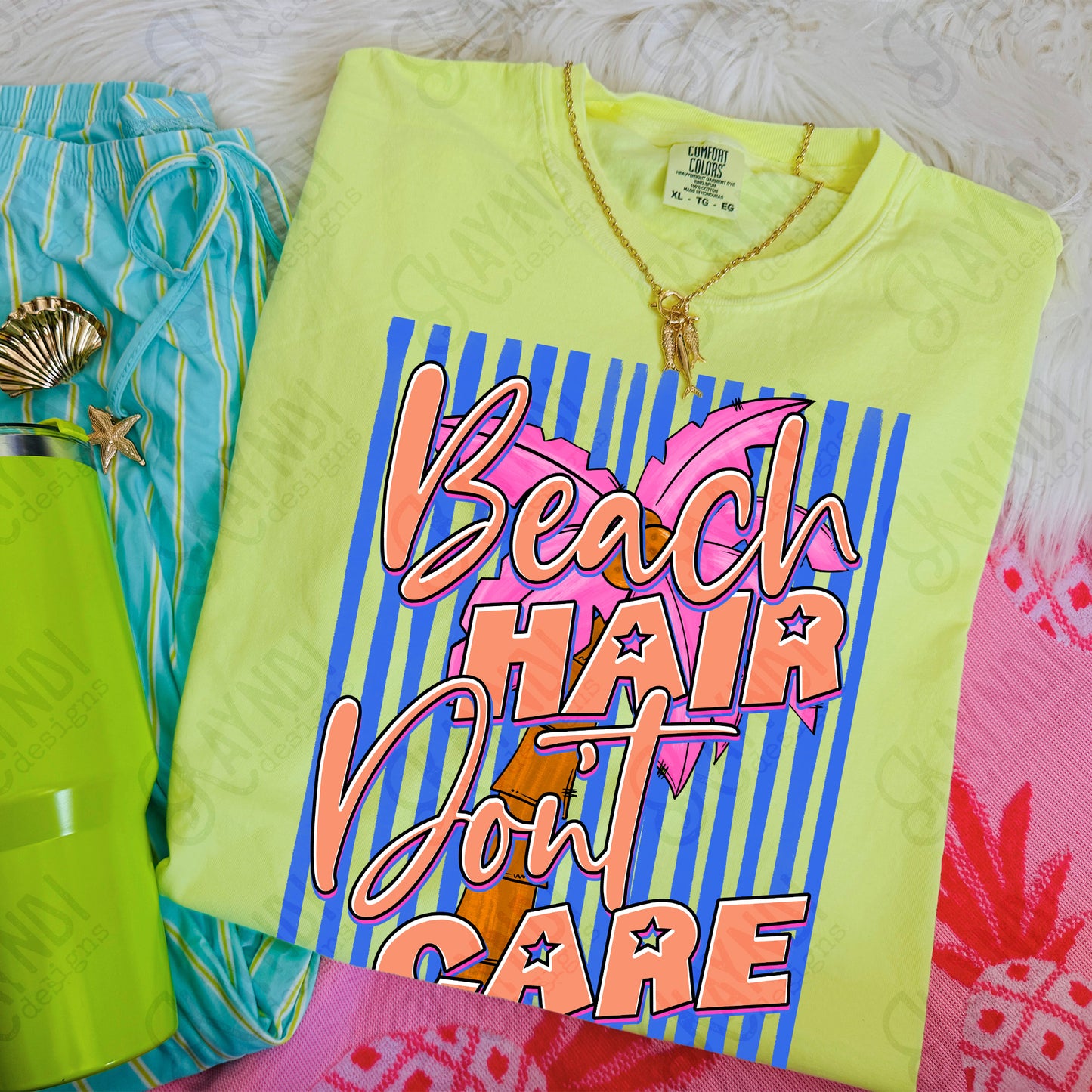 Beach Hair Don't Care PNG Digital Download Sublimation DTF Print Southern Preppy Neon Stripe