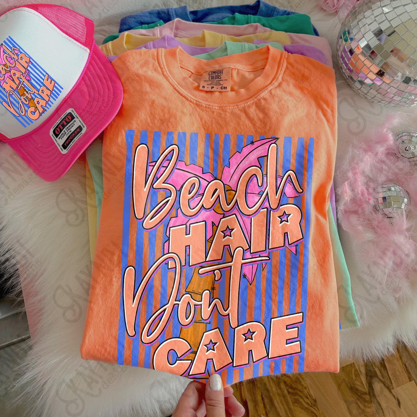 Beach Hair Don't Care PNG Digital Download Sublimation DTF Print Southern Preppy Neon Stripe