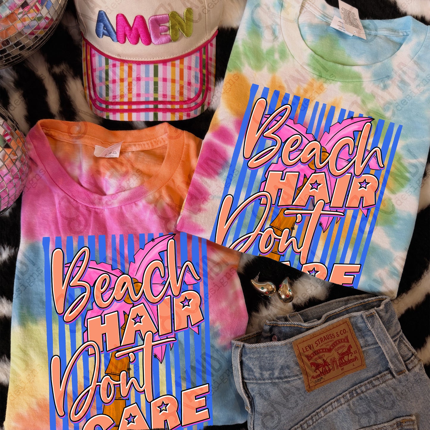 Beach Hair Don't Care PNG Digital Download Sublimation DTF Print Southern Preppy Neon Stripe