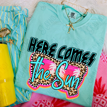 Here Comes the Sun PNG Digital Download Sublimation DTF Print Rock Leopard Sunglasses Palm Trees
