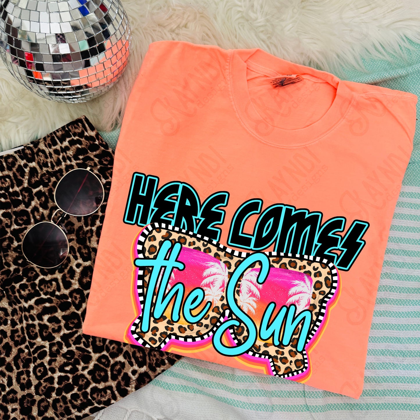 Here Comes the Sun PNG Digital Download Sublimation DTF Print Rock Leopard Sunglasses Palm Trees