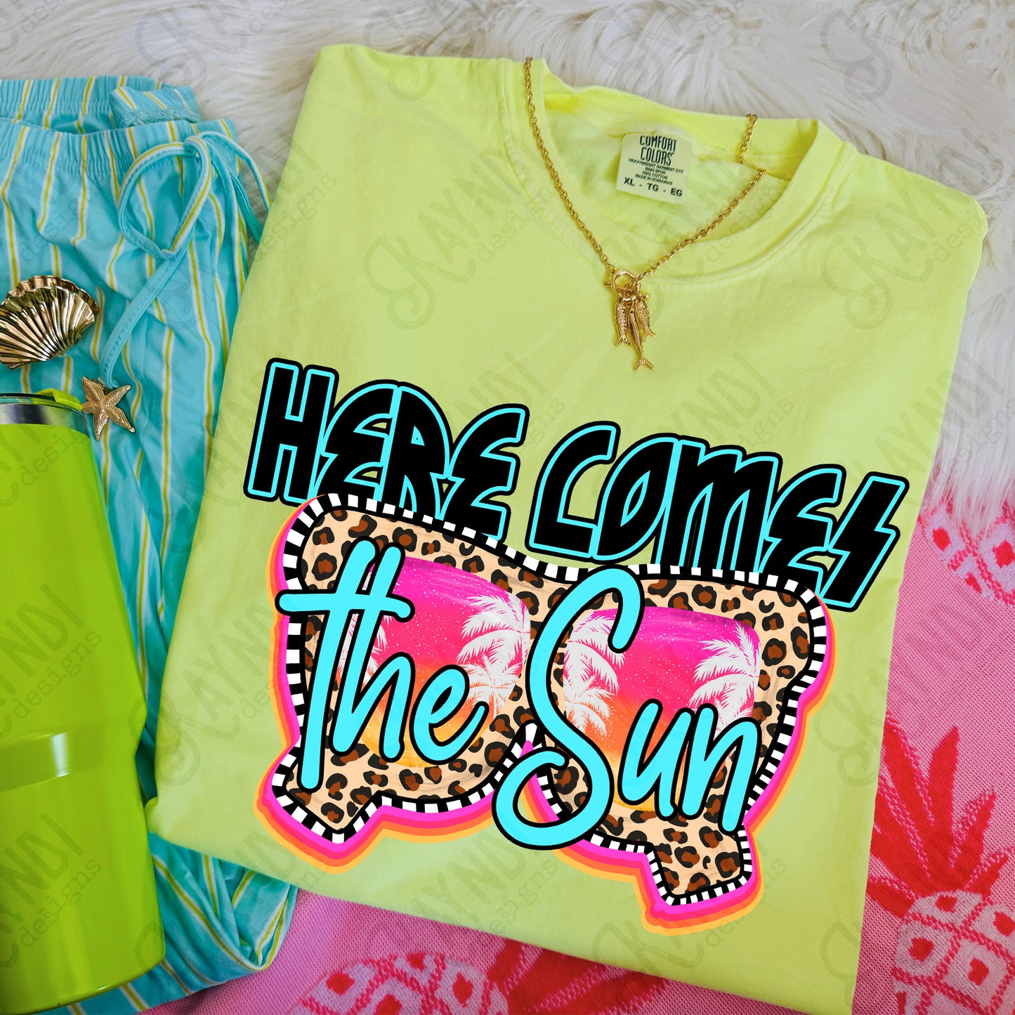 Here Comes the Sun PNG Digital Download Sublimation DTF Print Rock Leopard Sunglasses Palm Trees