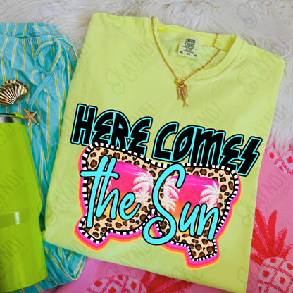 Here Comes the Sun PNG Digital Download Sublimation DTF Print Rock Leopard Sunglasses Palm Trees