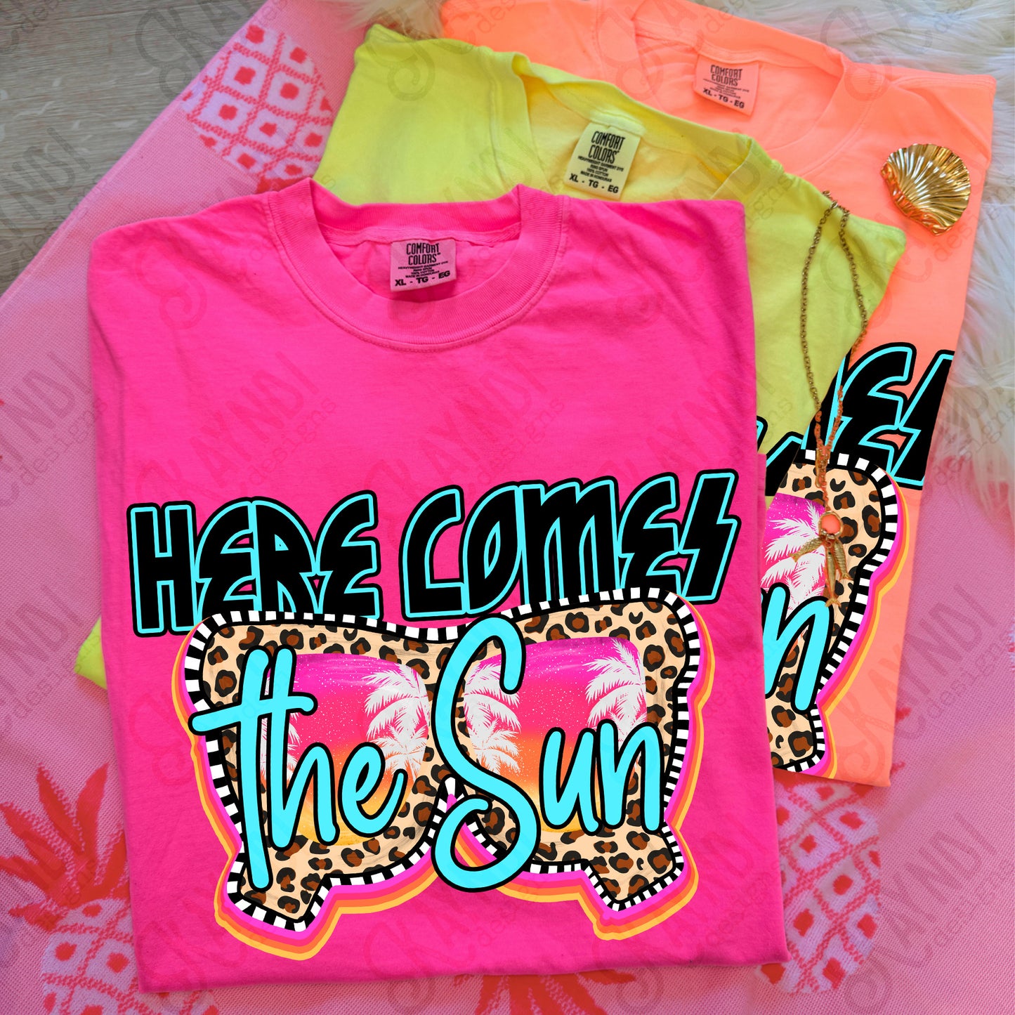 Here Comes the Sun PNG Digital Download Sublimation DTF Print Rock Leopard Sunglasses Palm Trees