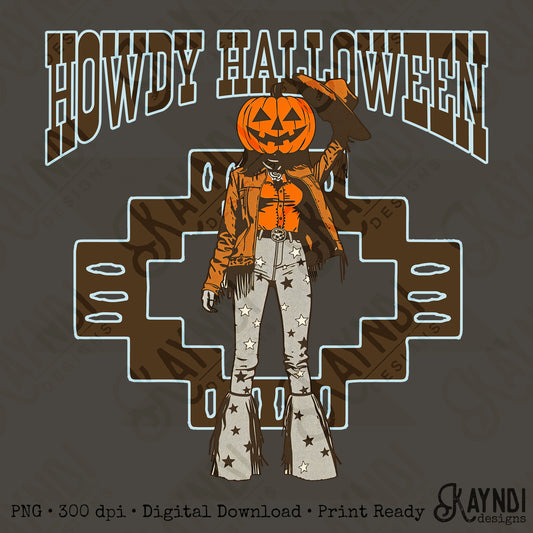 Howdy Halloween Jack O Lantern Pumpkin Head Cowgirl PNG Digiral Download Sublimation DTF Print
