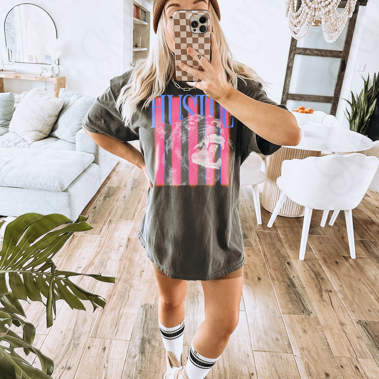 Hustle Blue PNG Digital Download Sublimation DTF Print Pink Stripe Black Panther Rhinestone