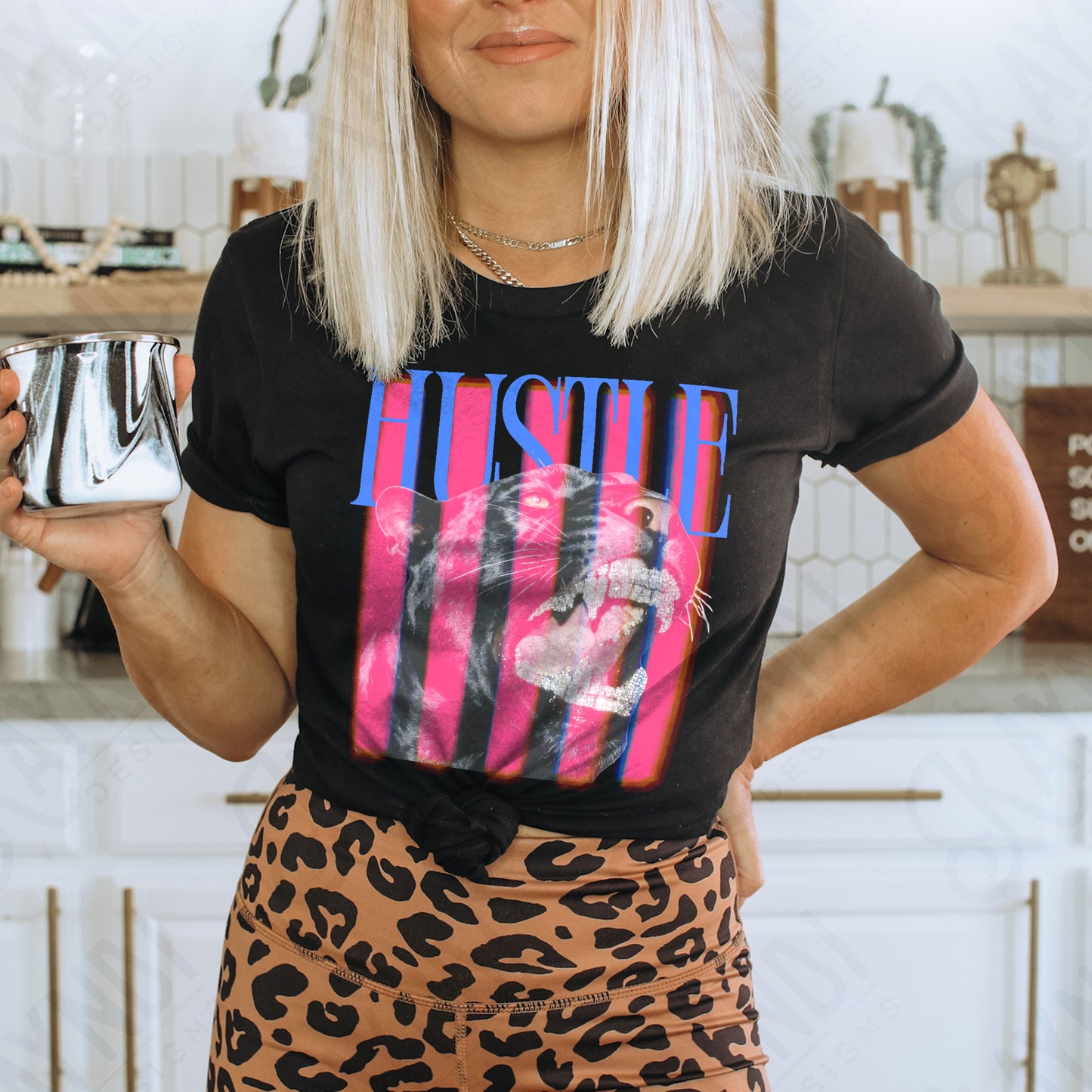 Hustle Blue PNG Digital Download Sublimation DTF Print Pink Stripe Black Panther Rhinestone