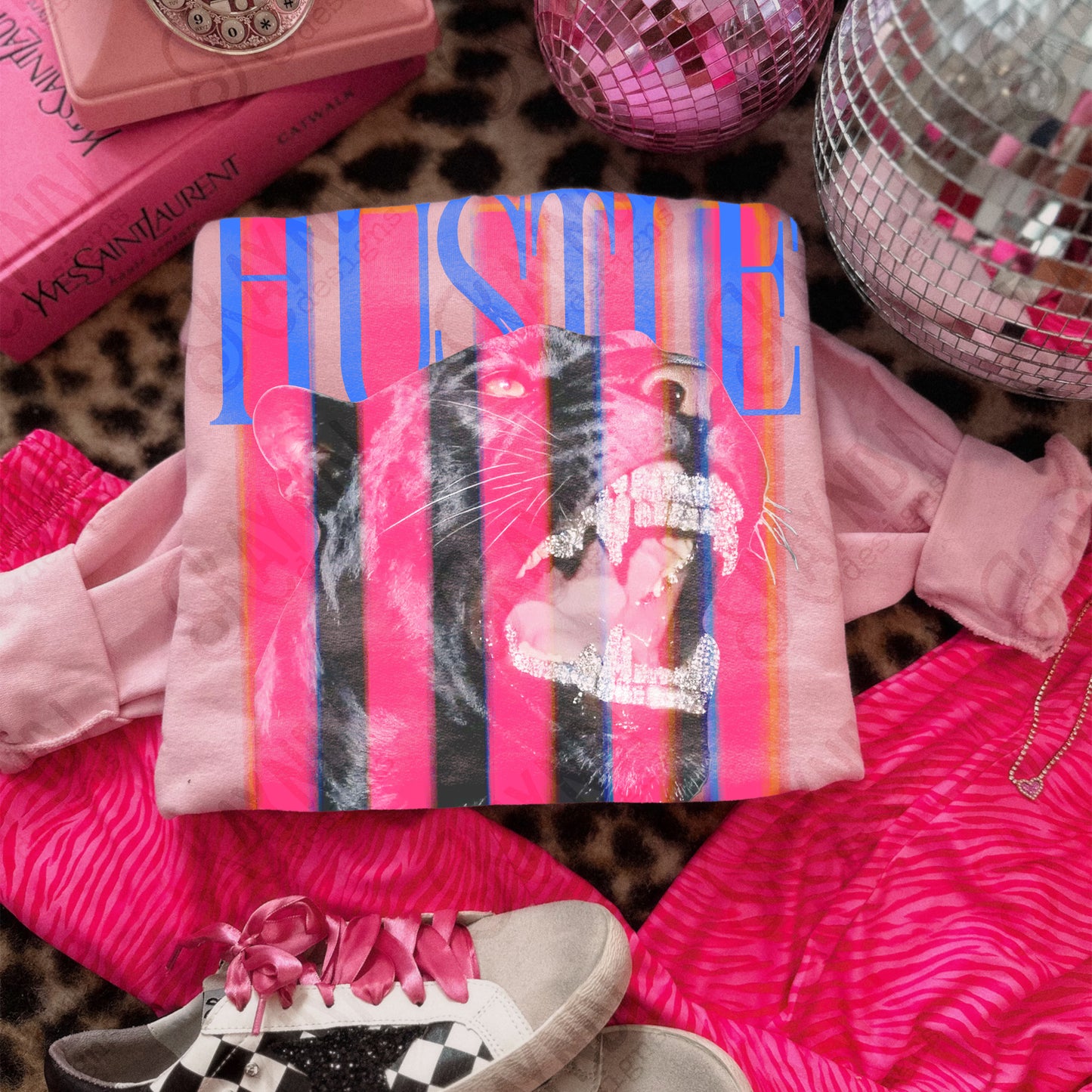 Hustle Blue PNG Digital Download Sublimation DTF Print Pink Stripe Black Panther Rhinestone