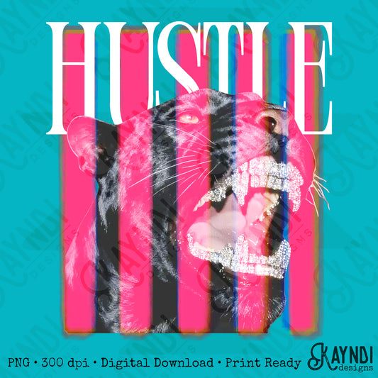 Hustle White PNG Digital Download Sublimation DTF Print Pink Stripe Black Panther Rhinestone