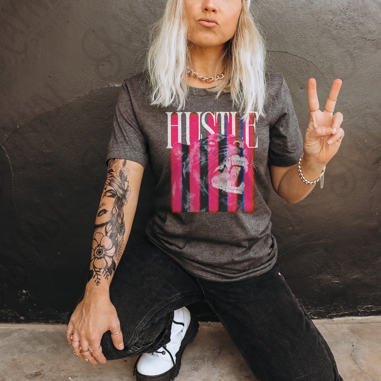 Hustle White PNG Digital Download Sublimation DTF Print Pink Stripe Black Panther Rhinestone