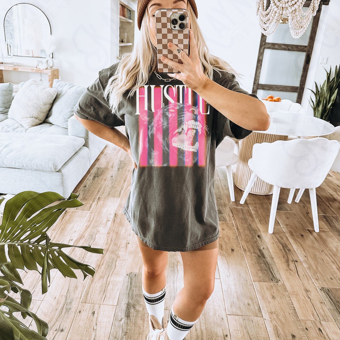 Hustle White PNG Digital Download Sublimation DTF Print Pink Stripe Black Panther Rhinestone