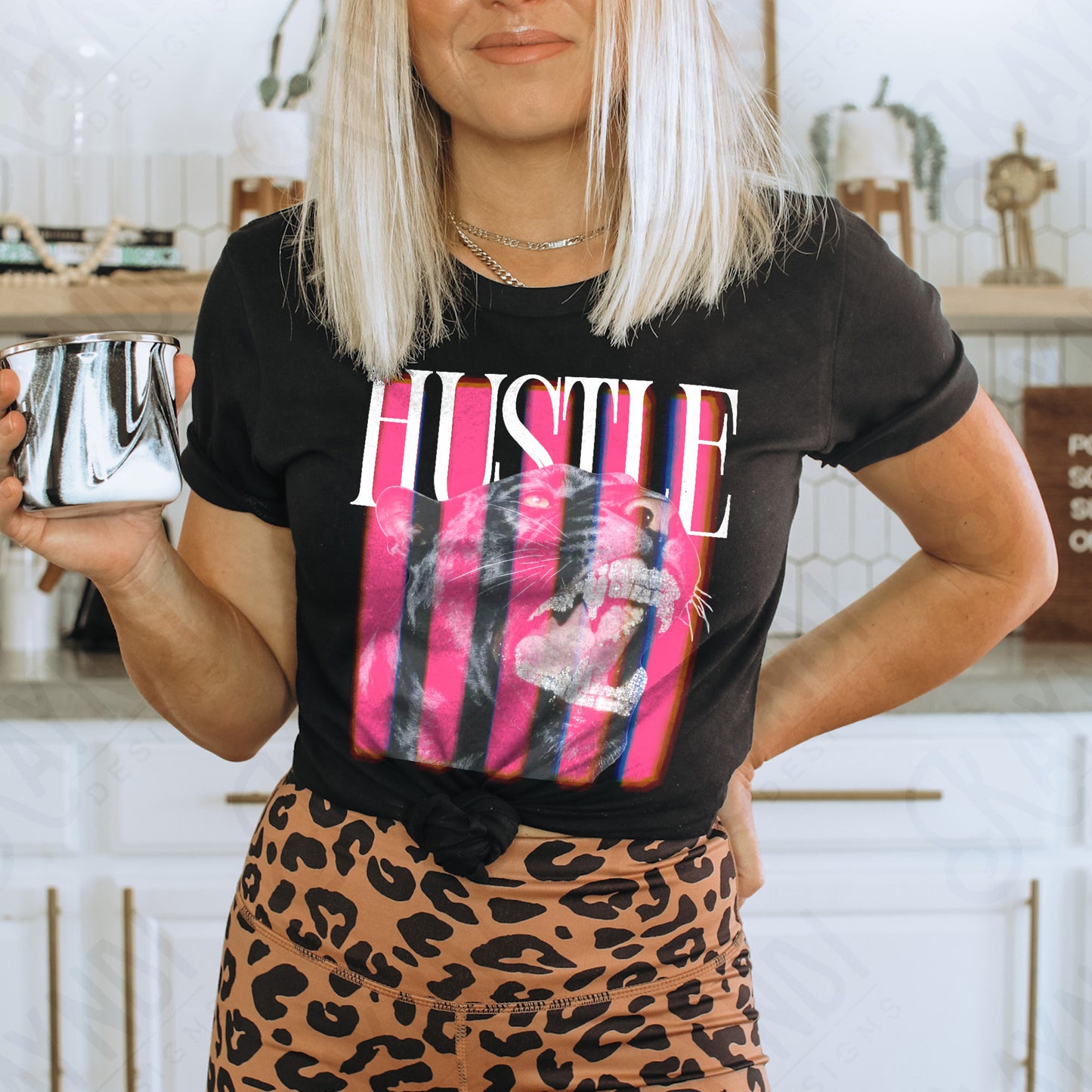 Hustle White PNG Digital Download Sublimation DTF Print Pink Stripe Black Panther Rhinestone