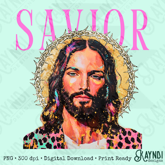 Savior Jesus PNG Digital Download Sublimation DTF Print Church Faith Leopard Pastel Gold