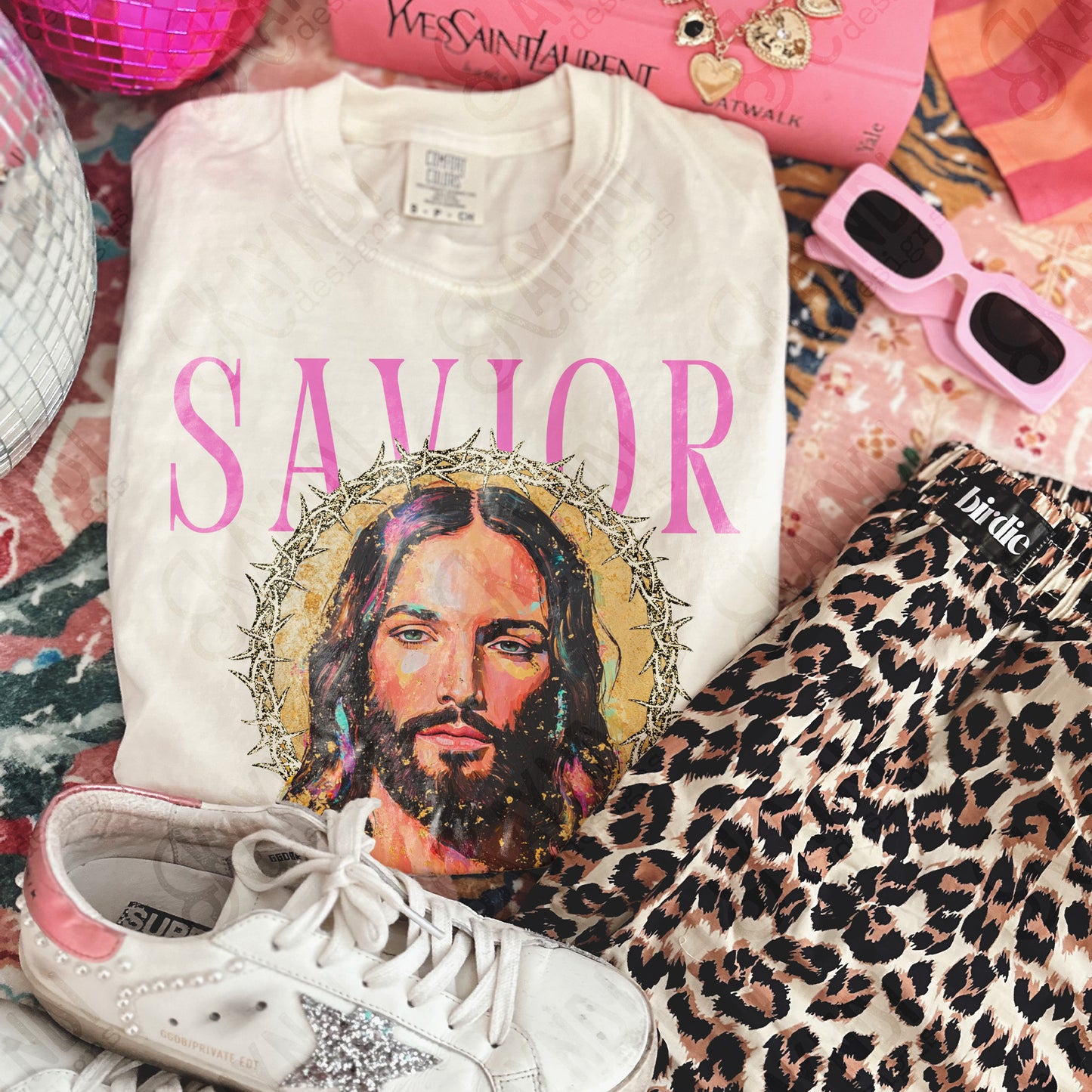 Savior Jesus PNG Digital Download Sublimation DTF Print Church Faith Leopard Pastel Gold