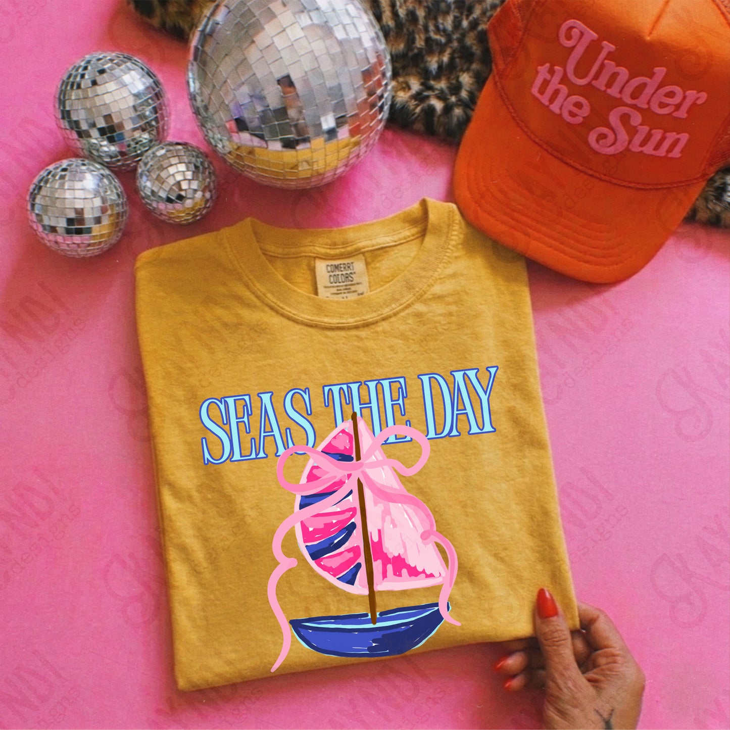 Seas the Day PNG Digital Download Sublimation DTF Print Southern Preppy Pink Blue Sail boat